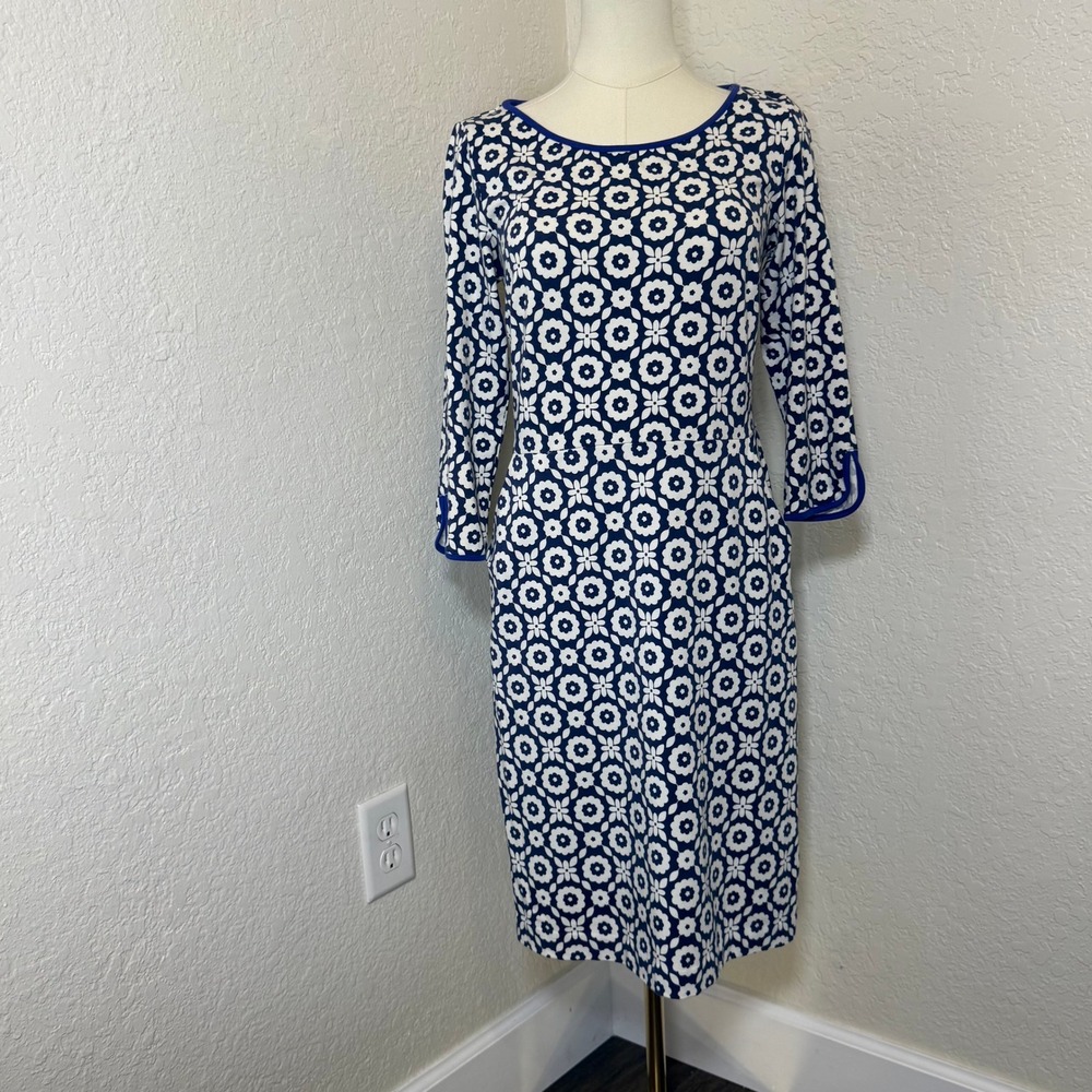 Sheath Dress Boden 6P Blue Floral Geometric Cotton Pockets Preppy Workwear